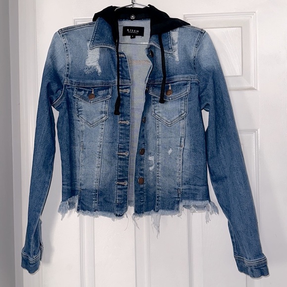Risen Jackets & Blazers - DISTRESSED DENIM JACKET WITH REMOVABLE HOODIE.